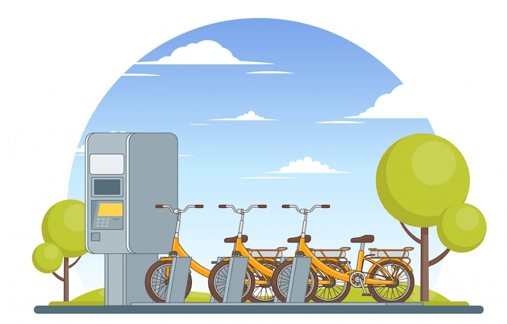 yellow electric bikes parked at outdoor charging station, side view, city park setting
