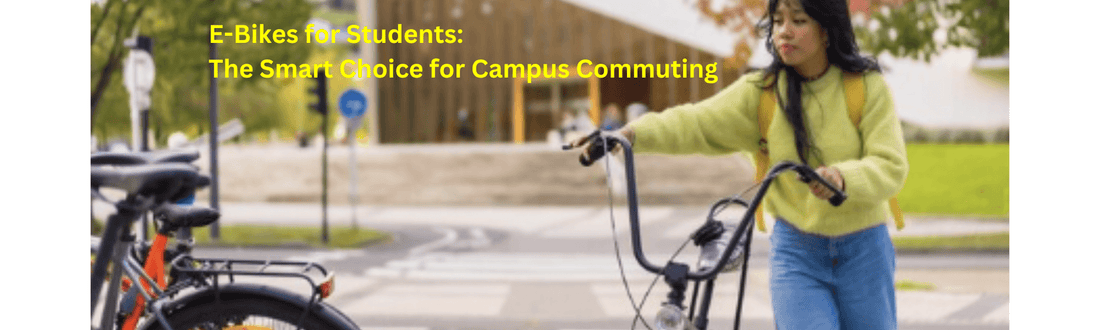 Student walking e-bike on campus, showcasing electric bikes for student commuting at Pogo Cycles