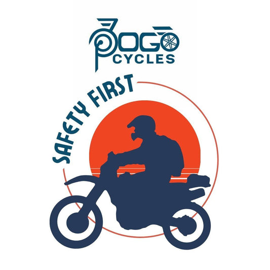 Electric bike rider silhouette with helmet, safety first message, red sun background, side view