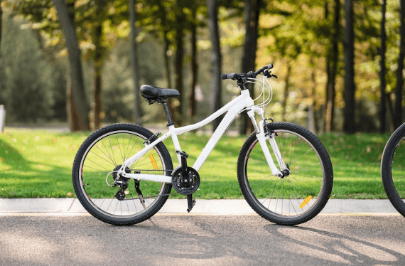 White e-bike with thick tires on a park road, showcased by Pogo Cycles electric bike store