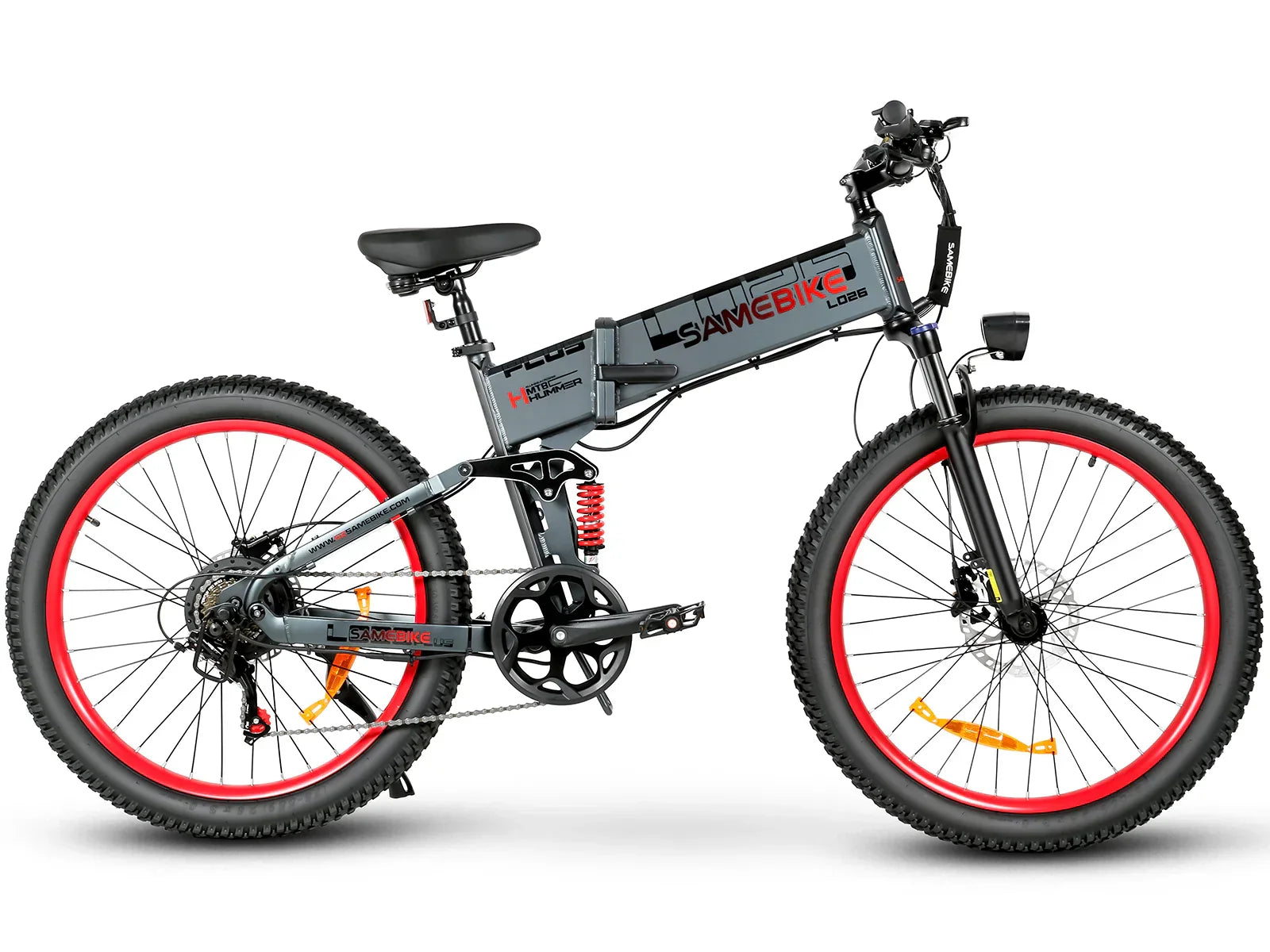 SAMEBIKE LO26-Plus Electric Bike with red wheels on a white background