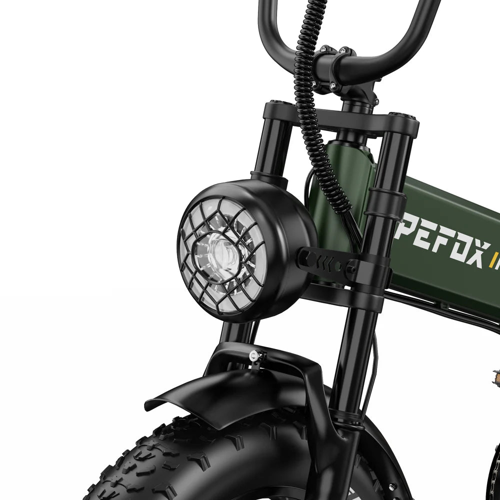 Close-up of a APEFOX RH20 Folding Dual Motor Electric Bike in green with a headlight on a white background