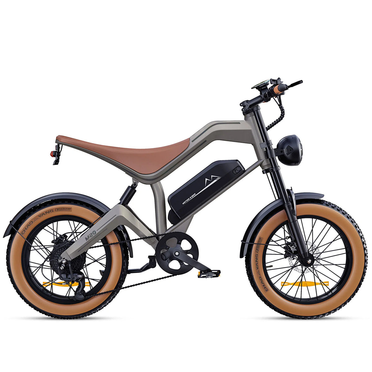 Modern DYU M20 All-Terrain Long-Range Electric Bike with brown seat on a white background