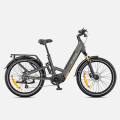 A dark gray step-through ENGWE E26 3.0 Pro Electric bicycle with orange accents on the frame and wheels, shown from a side profile against a light gray background.