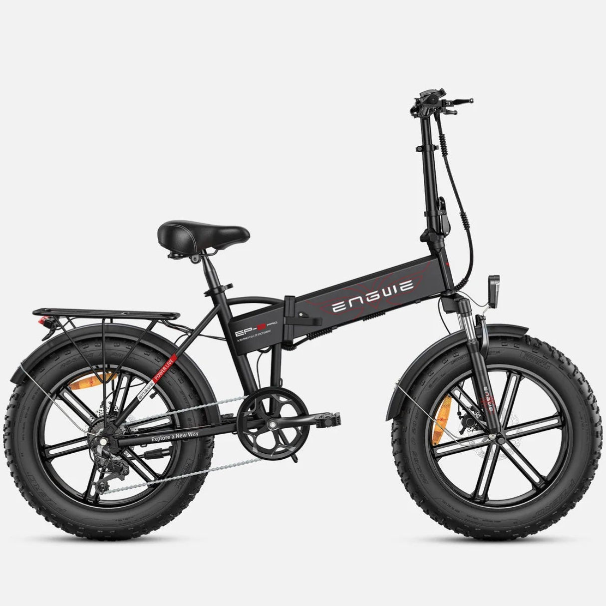 A black Engwe EP-2 Pro folding electric bicycle with fat tires, shown from a side profile view against a light gray background.