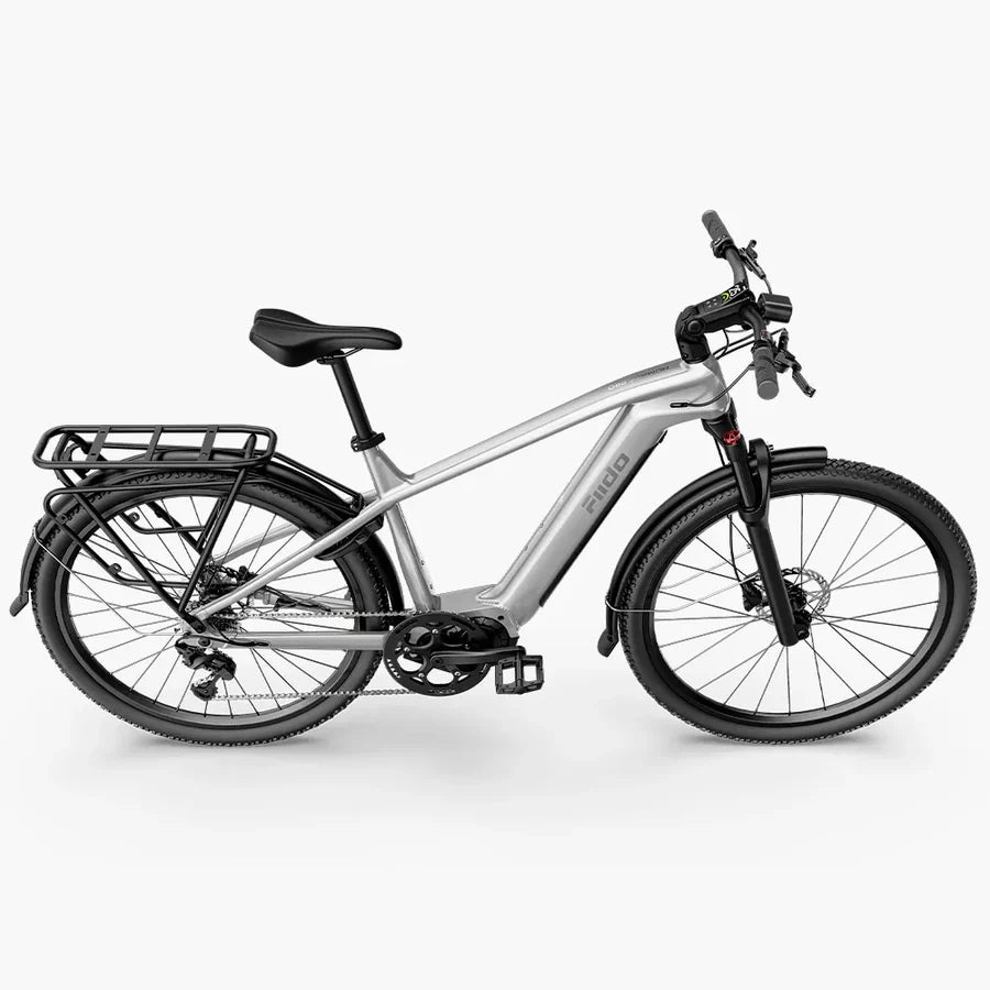 Silver Fiido Nomads Pro Touring electric bicycle with black components on a white background
