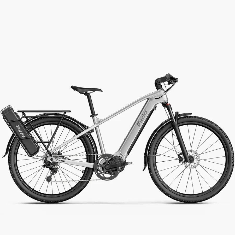 A silver and black Fiido Nomads Pro Touring Electric Bike electric bicycle with a rear cargo rack and a black battery pack mounted on the rear, shown against a plain light gray background.
