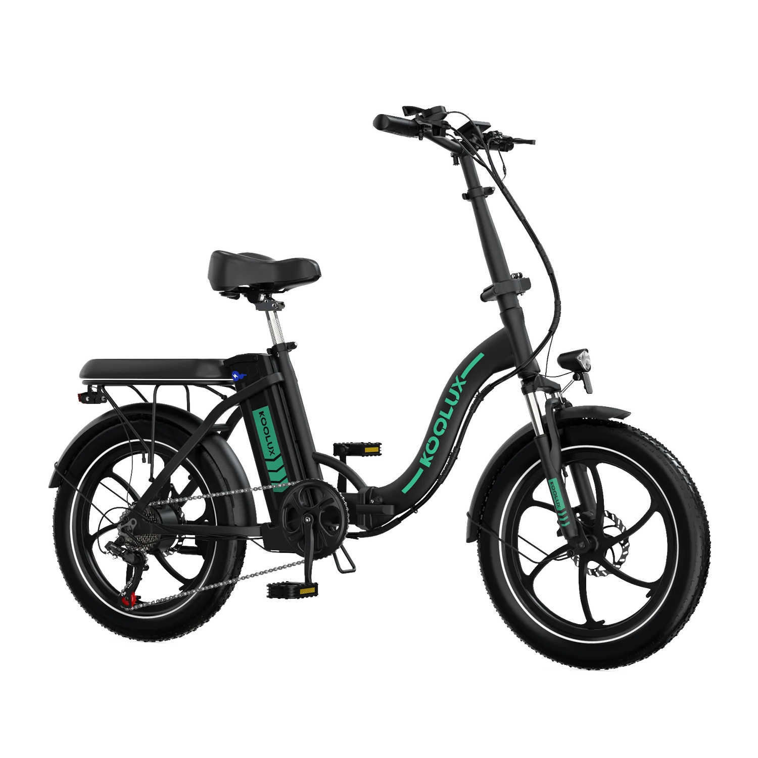 Black KOOLUX BK6S 3.0 Folding Electric Bike with green branding on a white background - Pogo Cycles, Ireland