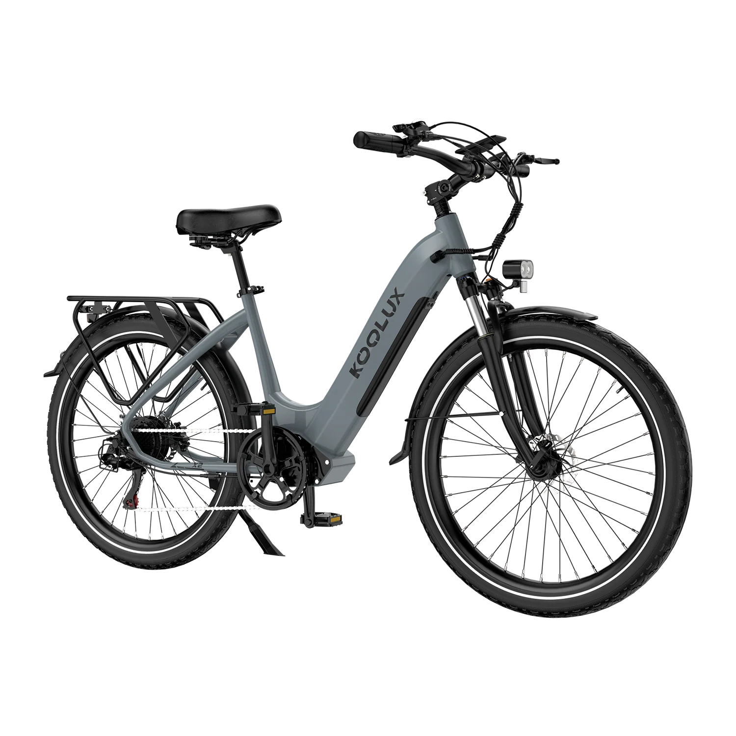 Gray KOOLUX X2 Step-Thru Electric Bicycle with 'Koolux' branding on a white background - Pogo Cycles