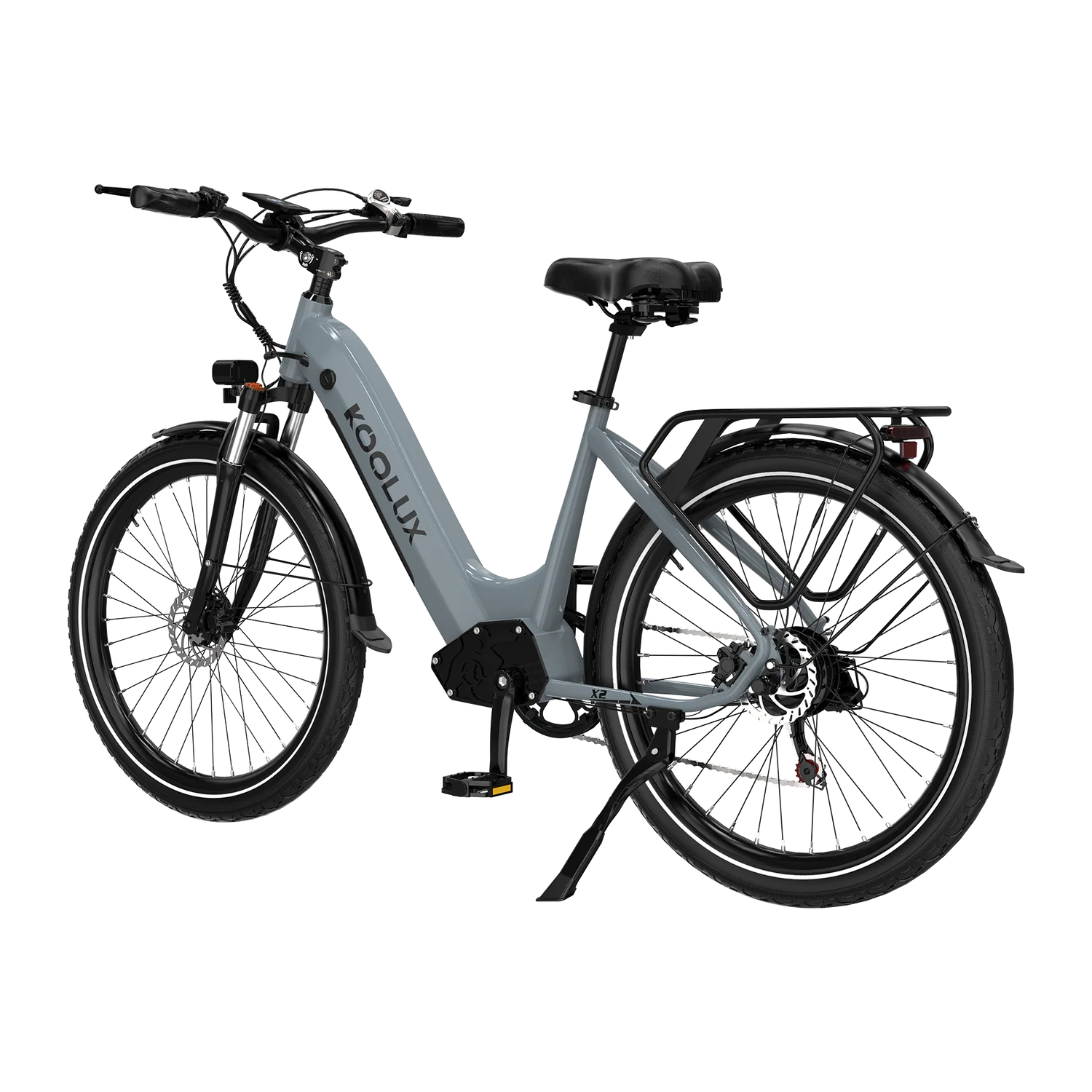 Gray KOOLUX X2 Step-Thru Electric Bike with Koolux branding on a white background - Pogo Cycles, Ireland