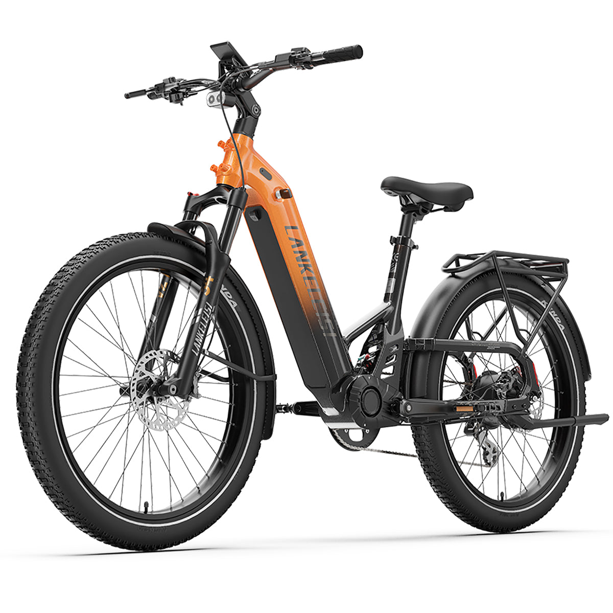 Orange LANKELEISI KETT-8 Urban Electric Bike with black frame on a white background