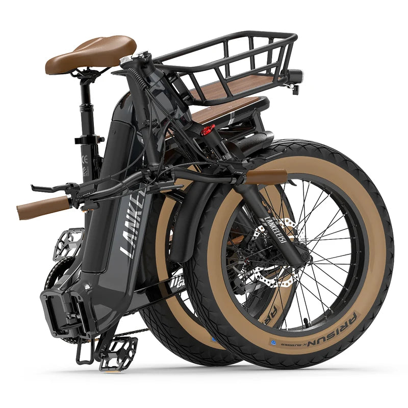 A folded LANKELEISI GOLF-X electric bicycle with a matte black frame, brown saddle and handlebar grips, and tan sidewall tires, shown on a clean white background.