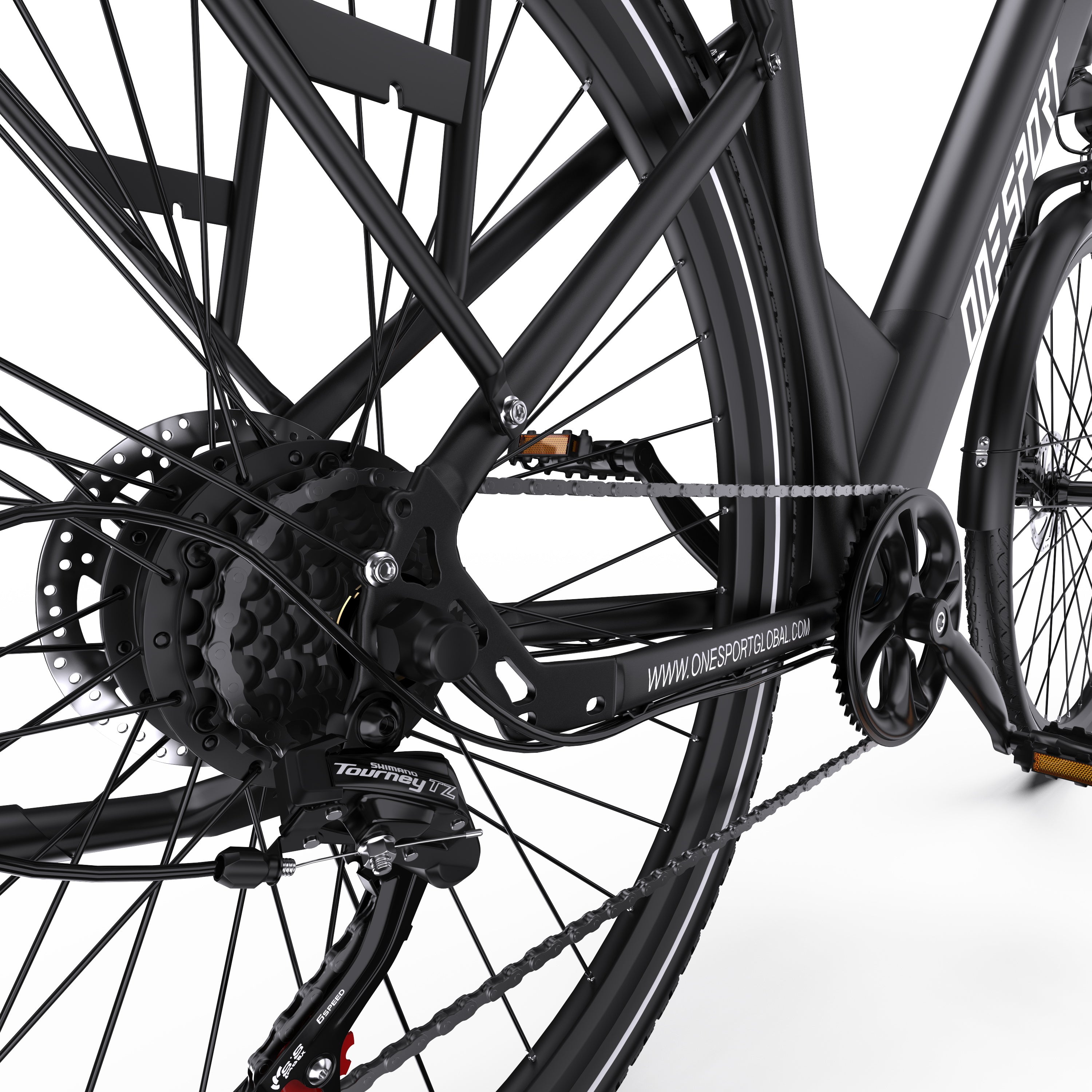 Close-up of a ONESPORT OT12 Urban Electric bicycle wheel and chain mechanism on a white background