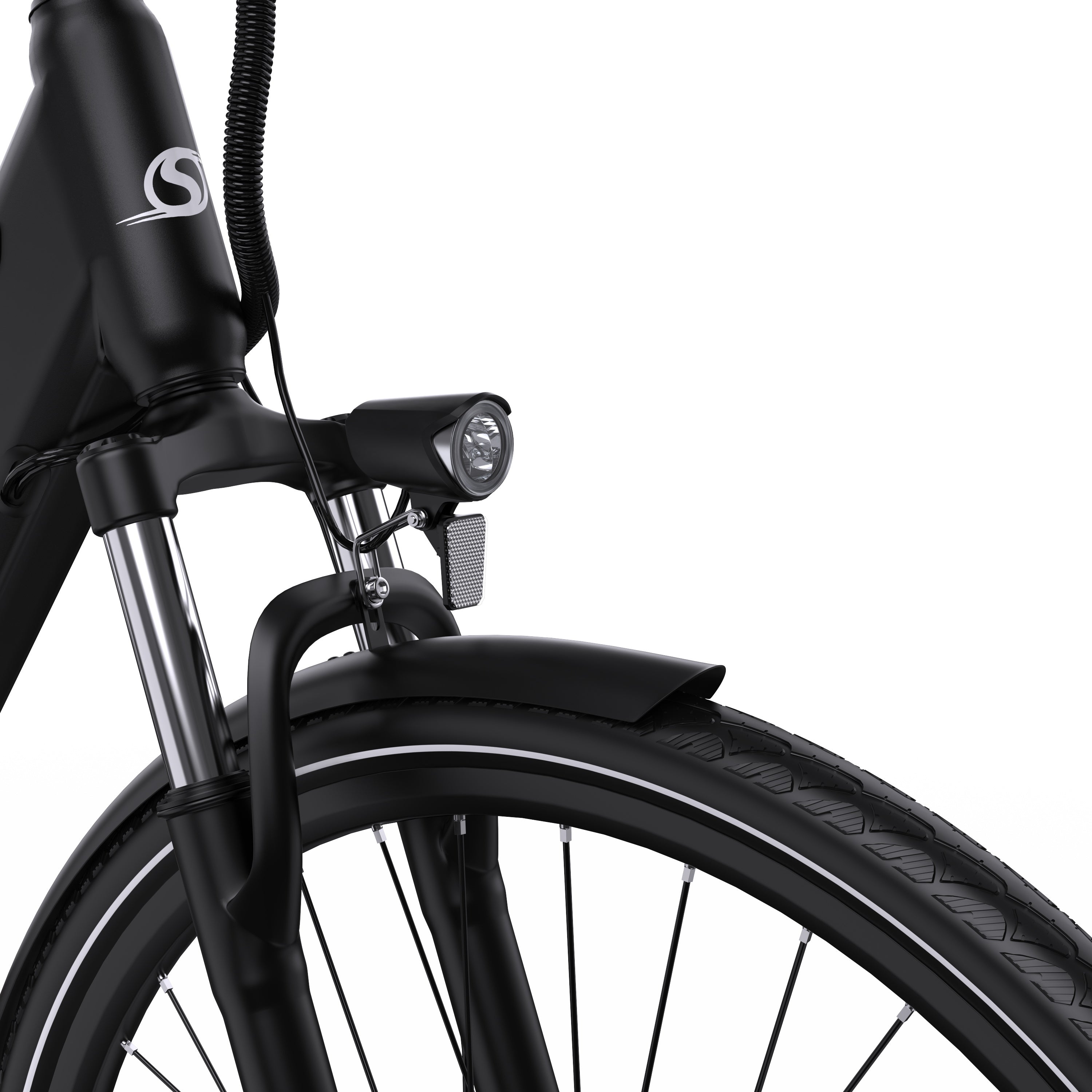 Close-up of a ONESPORT OT12 Urban Electric bicycle's front wheel and suspension fork on a white background