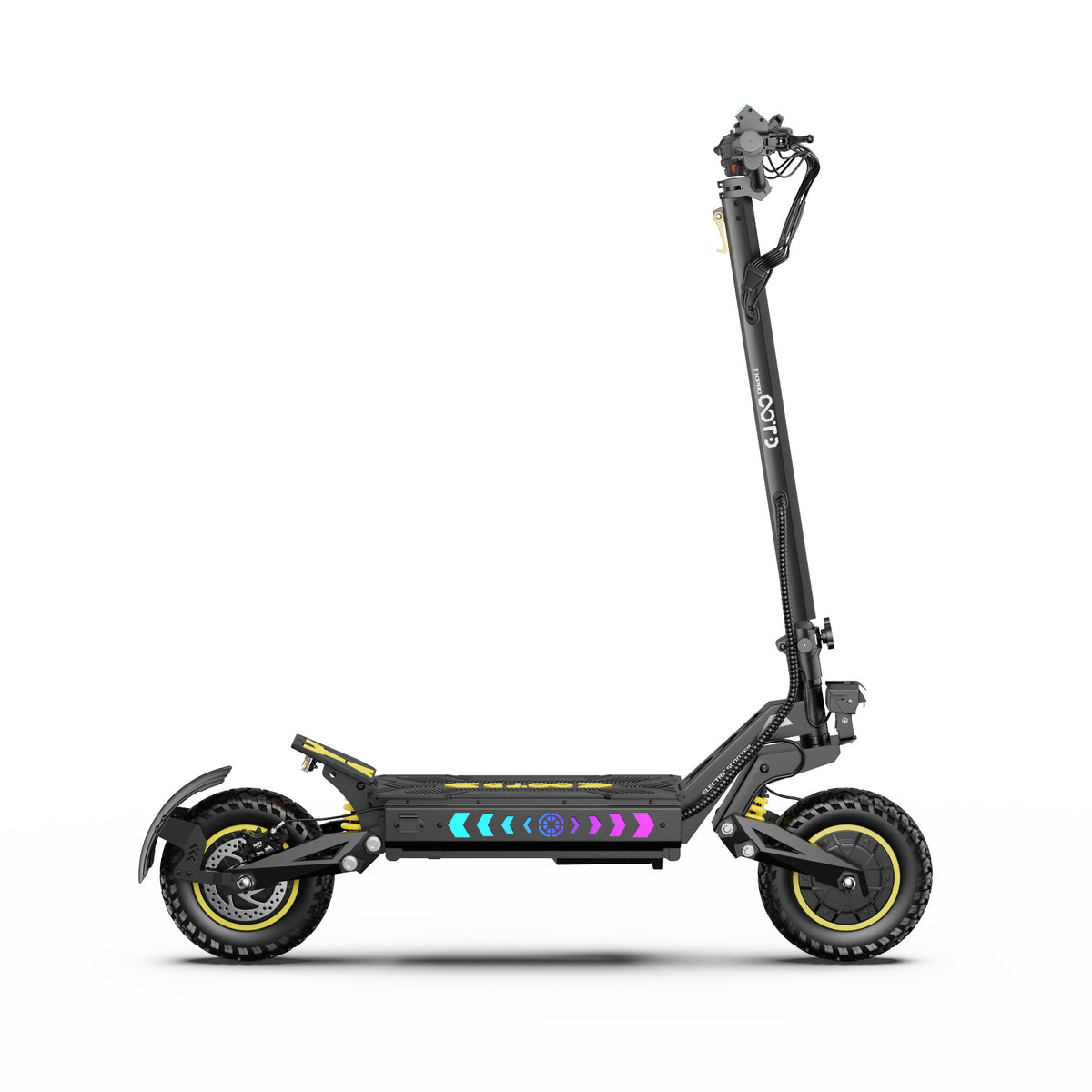Black OOTD 10 Pro electric scooter with colorful lights on a white background