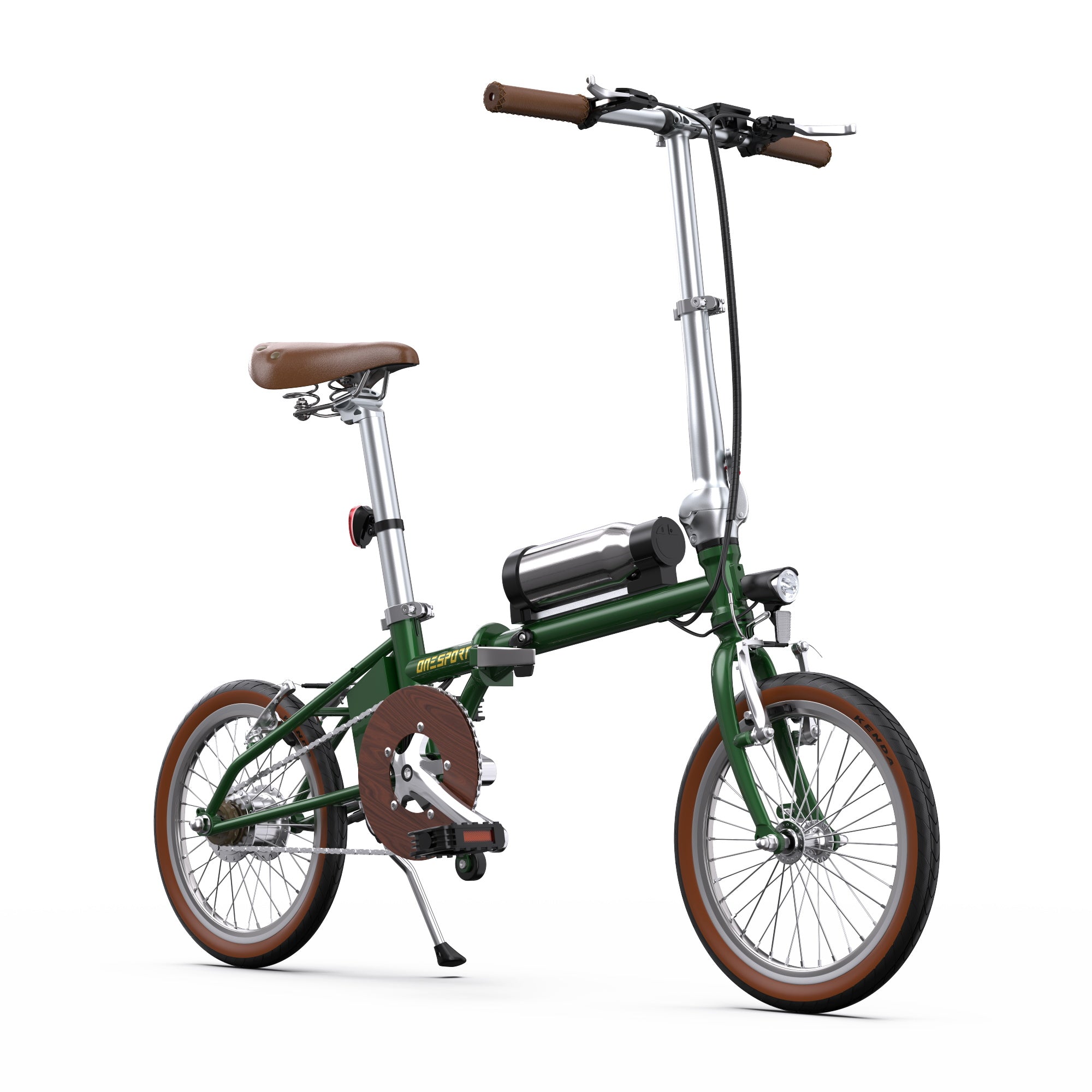 Green OneSport OT02 Compact Folding Electric  bicycle with brown seat and tires on a white background