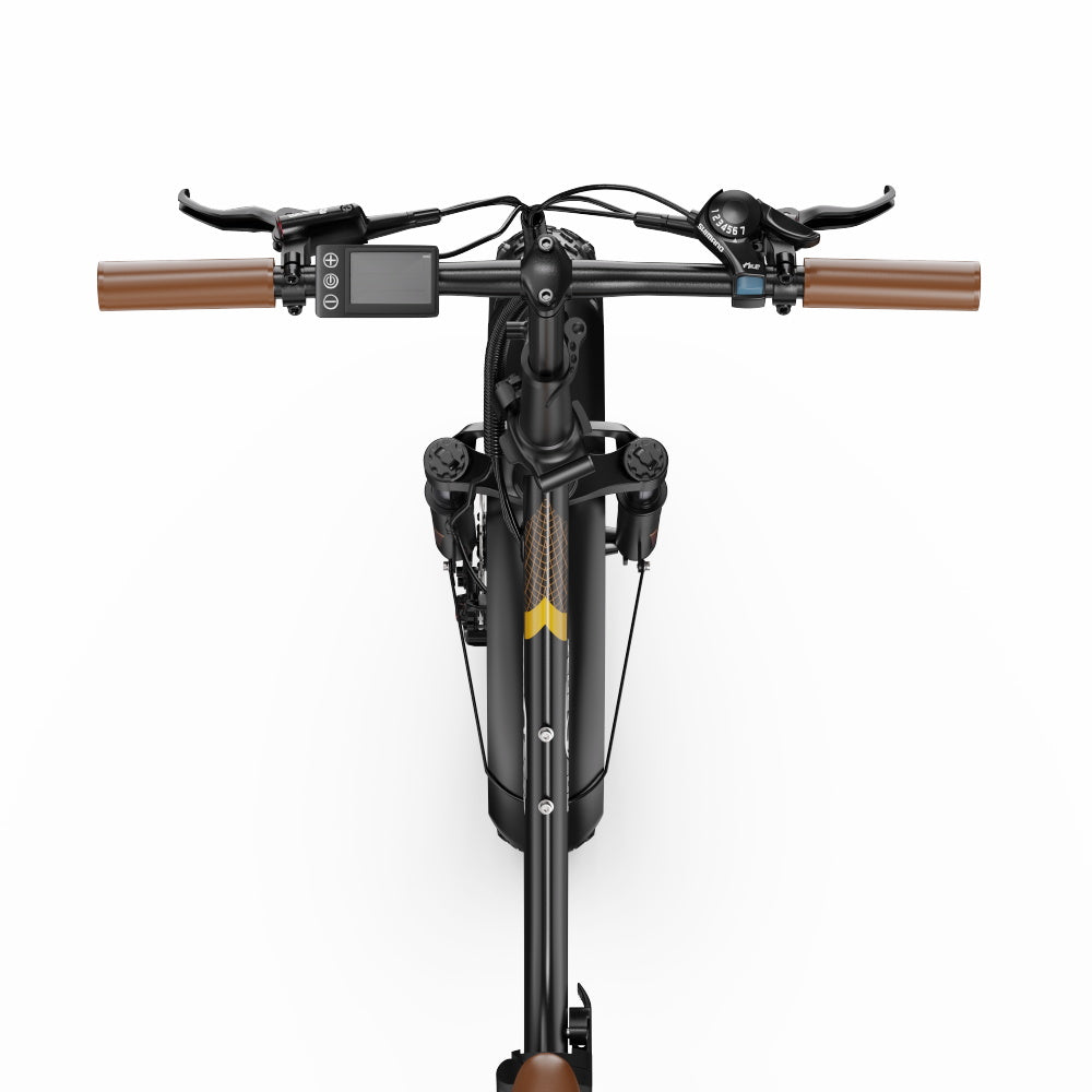 Close-up of a handlebar with brown grips on a white background for Onesport OT16 MAX Folding Electric Bike
