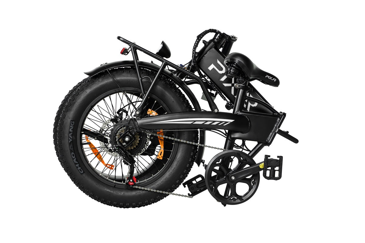 PIXAR STAR-1 folding bicycle in black with large wheels on a white background