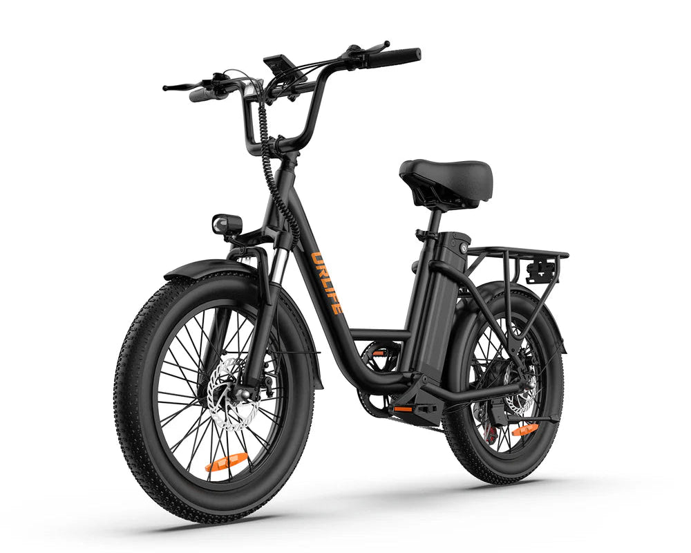 Black URLIFE E20 Step-Thru Electric Bike on a white background