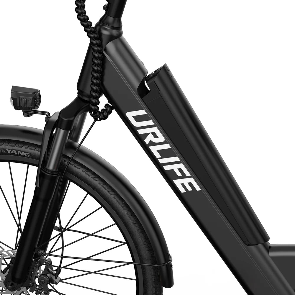 Close-up of a black URLIFE E26 Step-Through Electric Bike with 'URLIFE' branding on a white background