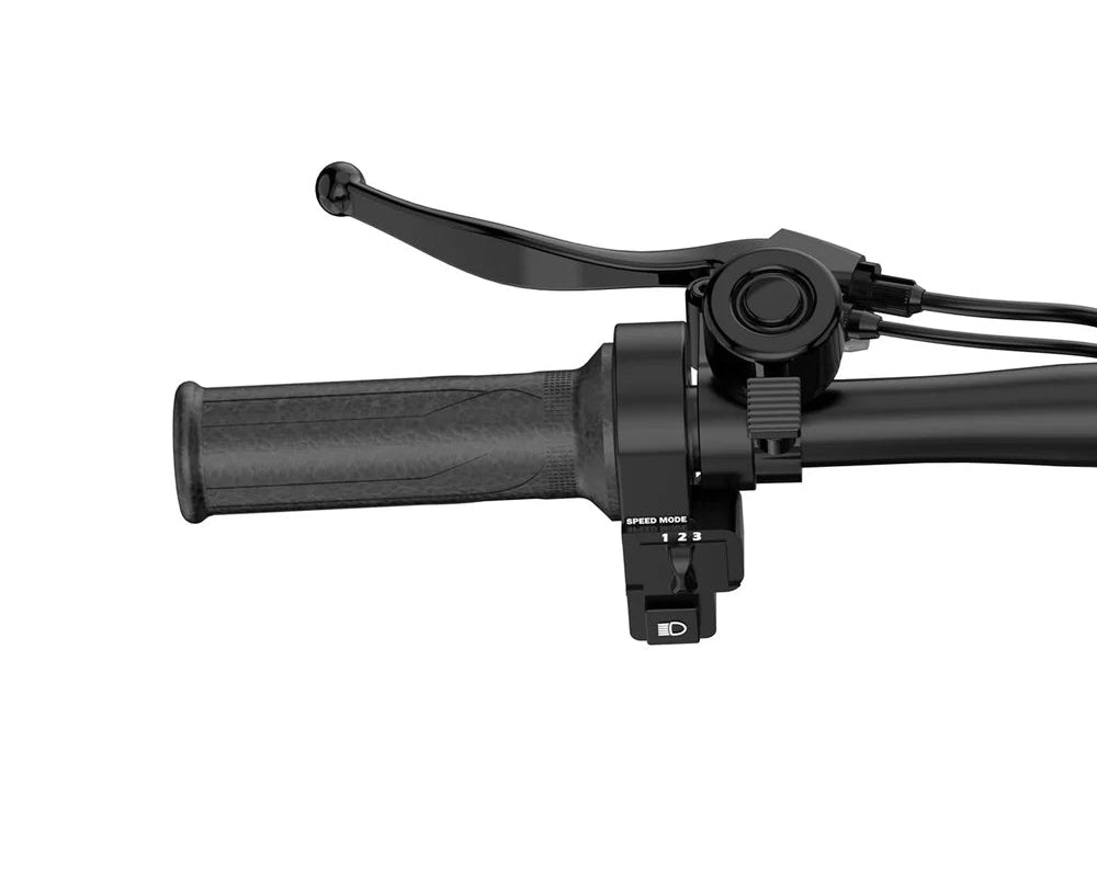 Close-up of a black URLIFE F1L Compact Folding Electric motorcycle handlebar with throttle and brake lever on a white background