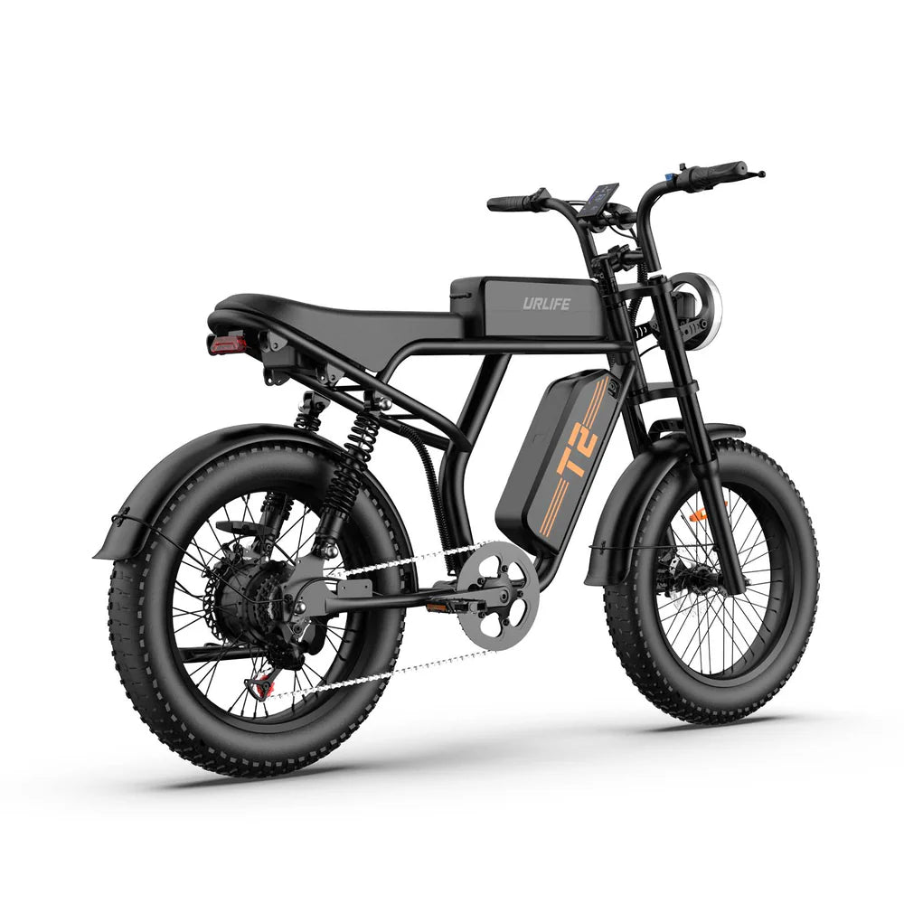 Black URLIFE T2 Off Road Electric Bike with 'UrLife' branding on a white background