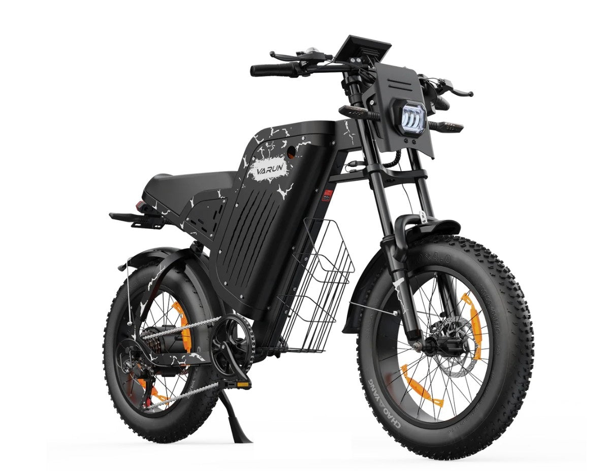 VARUN X-Plorer Raptor Electric Bike in black and white accents with a basket on a white background