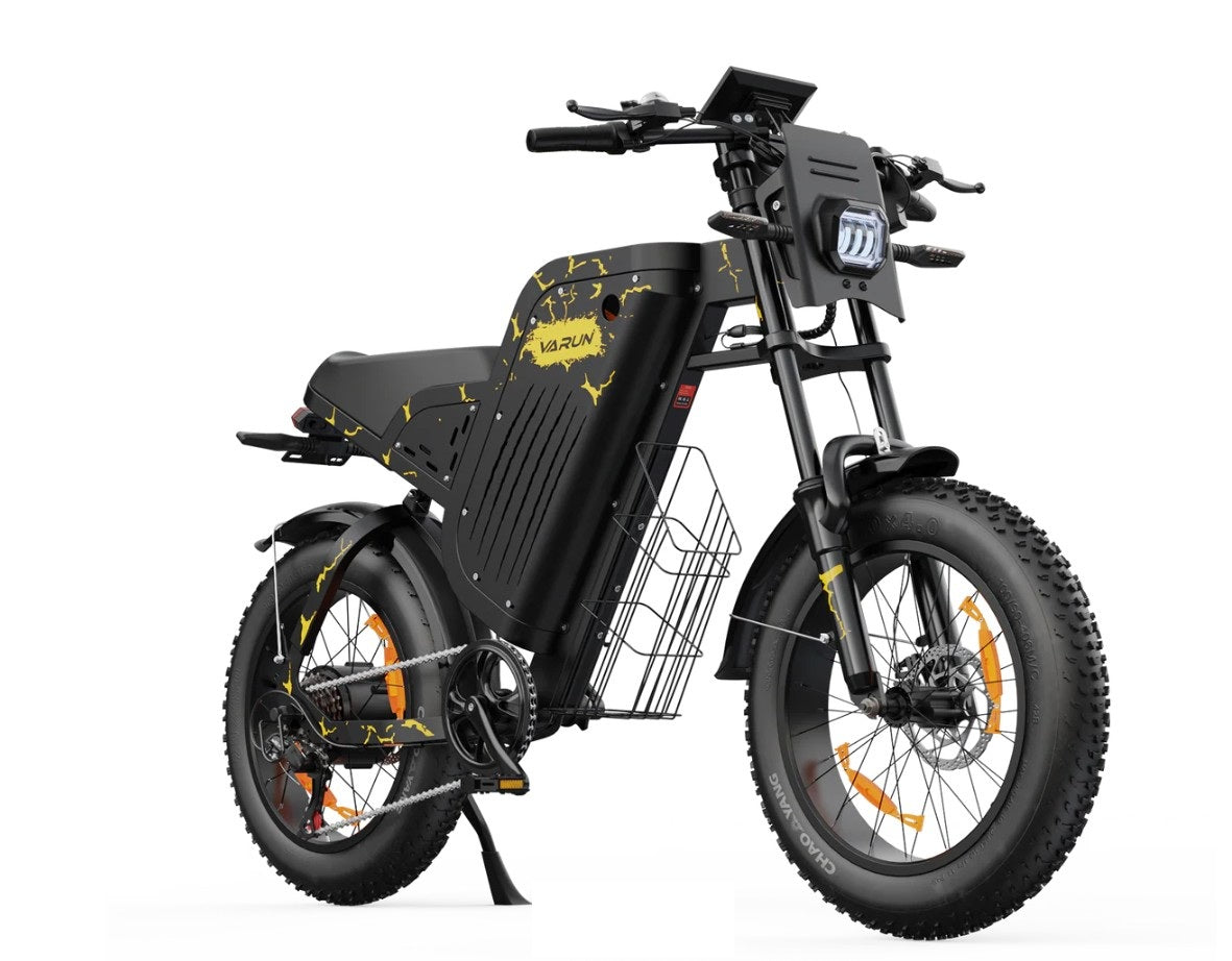 VARUN X-Plorer Raptor Electric Bike in black with yellow accents - right side on a white background