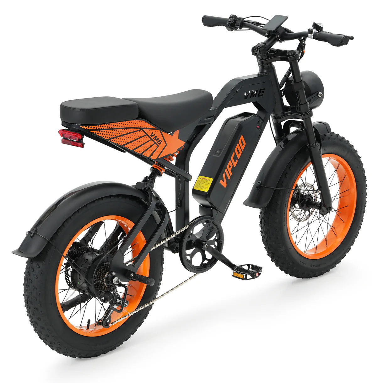 Black VIPCOO VM6 Electric City Bike  with orange accents on a white background