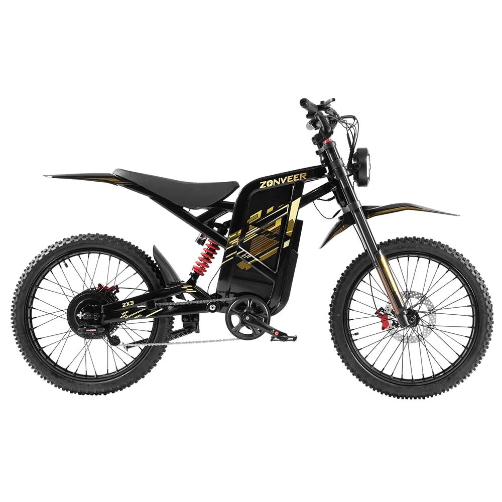 Zonveer ZX3 Electric Dirt Bike in black  with gold accents on a white background, featuring the brand 'Zonveer'.