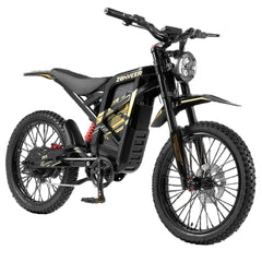 A black ZANVEER ZX3 electric dirt bike with gold accents, knobby tires, and a headlight, shown on a clean white background.
