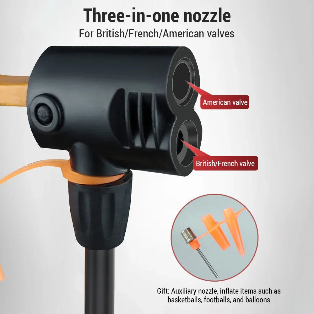 Three-in-one nozzle for British/French/American valves with valve types labeled.