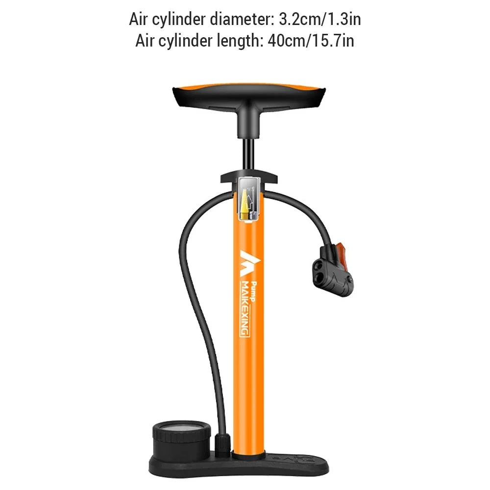 Orange and black floor bicycle pump with measurement details on a white background
