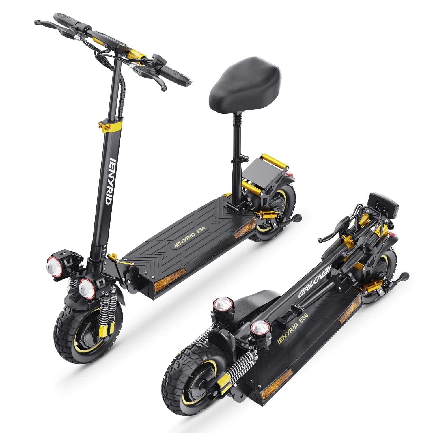 Black iENYRID ES6 Off-Road Electric Scooter with yellow accents & folding view on a white background