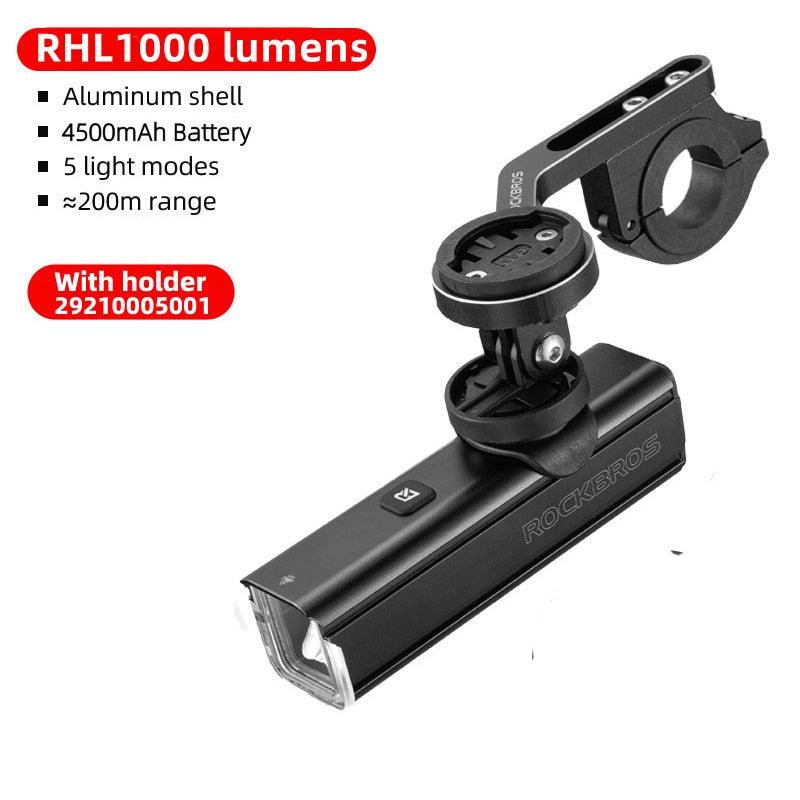 ROCKBROS 400-1000LM Bicycle Light GoPro Mount Holder USB Type-c Rechargeable Fit Garmin Bryton IGS Computer Cycling Headlight - Pogo Cycles