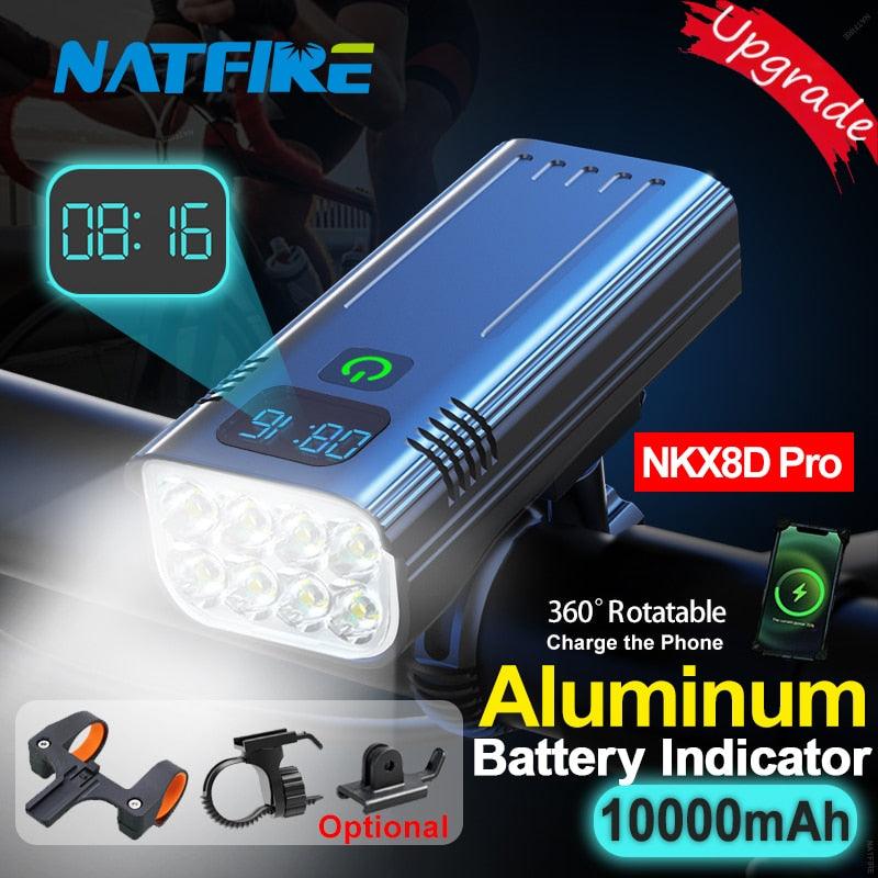 NATFIRE 10000mAh Bicycle Light Digital Battery Indicator USB Rechargeable Bike Light Set with 3 Holders 7000LM 8 LED Flashlight - Pogo Cycles